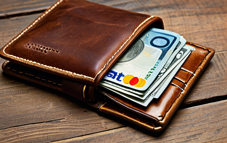 **
"A close-up shot of a worn, brown leather wallet with visible stitching and a slight patina. The wallet is partially open, revealing several compartments filled with euro banknotes and credit cards. Focus on the tactile quality of the leather and the overall impression of timeless elegance."
**