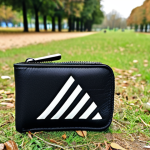** A stylish Adidas sports wallet is pulled out during a jog in a park. The wallet is eye-catching and complements the sporty outfit. Emphasize the modern design and how it acts as a status symbol.

**