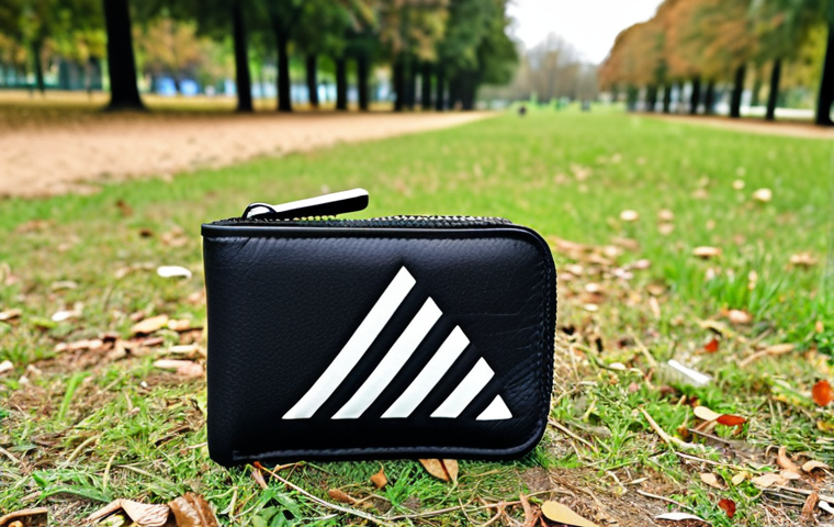 ** A stylish Adidas sports wallet is pulled out during a jog in a park. The wallet is eye-catching and complements the sporty outfit. Emphasize the modern design and how it acts as a status symbol.
**