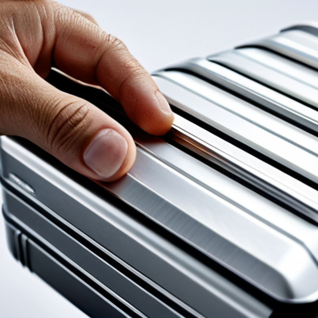 리모와 하드 케이스 카드 지갑 추천 - Rimowa Card Holder Close-Up**

"A close-up shot of a Rimowa aluminum card holder with the iconic gro...