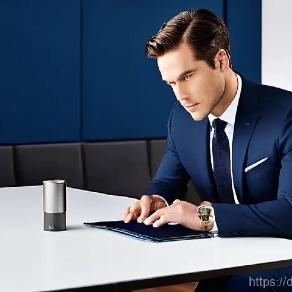 TUMI 알파 슬림 월렛과 삼폴드 월렛 비교 - **Prompt:** A discerning professional in his late 30s, impeccably dressed in a tailored, dark navy s...