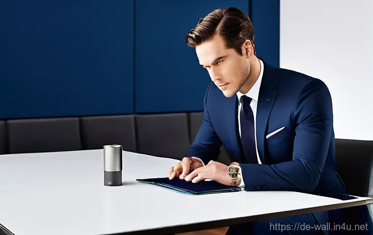 TUMI 알파 슬림 월렛과 삼폴드 월렛 비교 - **Prompt:** A discerning professional in his late 30s, impeccably dressed in a tailored, dark navy s...