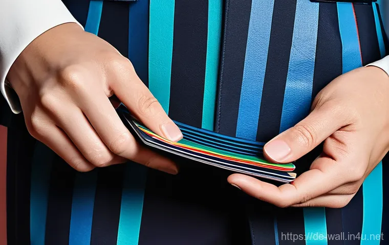 폴 스미스 스트라이프 카드 지갑 스타일 - **Prompt: "A close-up, high-angle shot of a sophisticated Paul Smith cardholder, featuring its iconi...