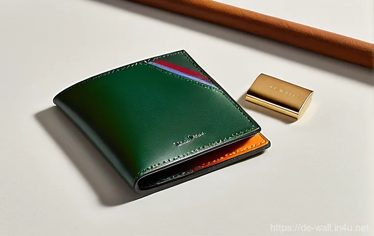 폴 스미스 스트라이프 카드 지갑 스타일 - **Prompt: "A close-up, high-angle shot of a sophisticated Paul Smith cardholder, featuring its iconi...
