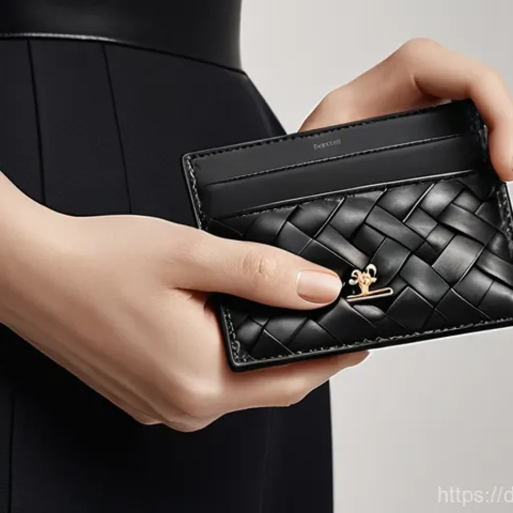 보테가 베네타의 카드홀더와 미니 지갑 비교 - **Prompt:** A close-up shot of a person's hands gently holding a classic black Bottega Veneta Intrec...