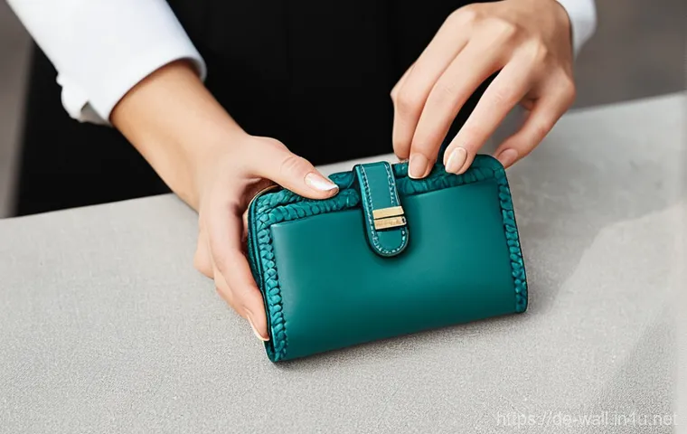 보테가 베네타의 카드홀더와 미니 지갑 비교 - **Prompt:** A close-up shot of a person's hands gently holding a classic black Bottega Veneta Intrec...