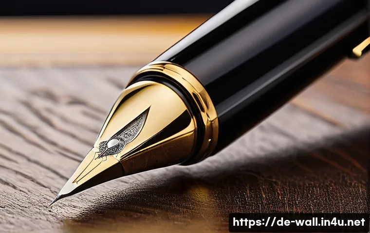 몽블랑 마이스터스튁 시리즈의 인기 비결 - A close-up, hyper-realistic image of a Montblanc Meisterstück fountain pen resting elegantly on a da...