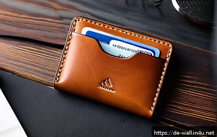 카스텔바작의 아트워크 지갑 리뷰 - A sleek, minimalist premium leather wallet placed on a modern wooden desk with natural soft lighting...