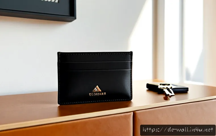 지방시 안티고나 카드 지갑의 장단점 - Photorealistic luxury leather card holder in deep black, structured geometric silhouette, placed on ...